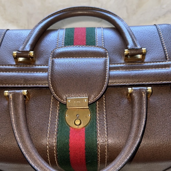 GUCCI Brown Gucci web Train case Authentic Rare Vintage w/ keys Clean Pristine - Picture 6 of 13